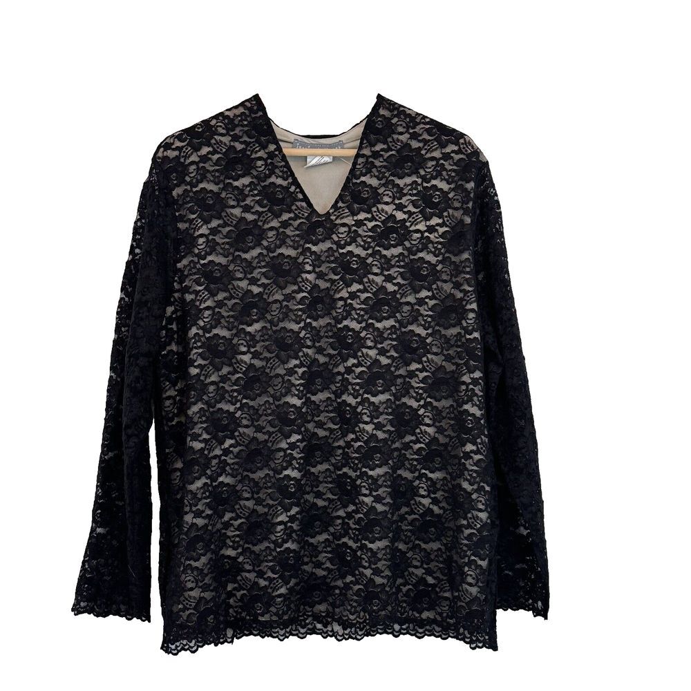 Jessica Holbrook QVC Top Size 1X Lace Black Blouse V-Neck Dark Romantic Goth